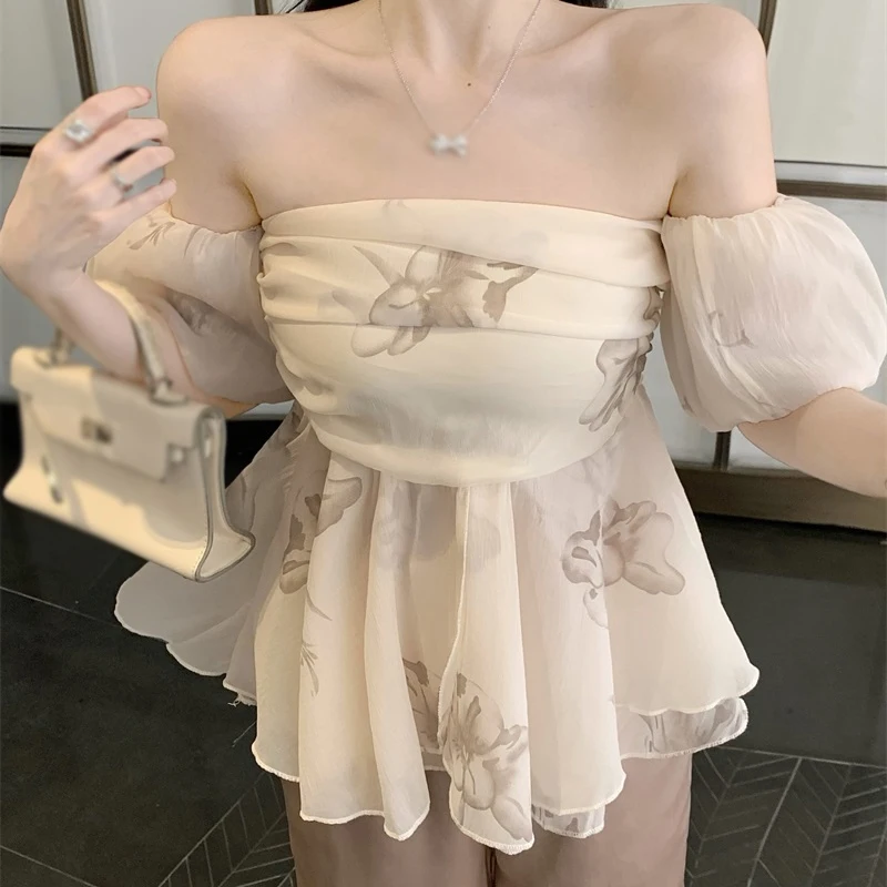 Women's Chiffon Shirt Sexy Women's Short Sleeved Ink Painting One Shoulder Summer Top