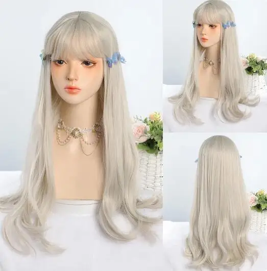 

Platinum Blonde Long Natural Wavy Synthetic Hair Wigs with Bangs Cosplay Party Halloween Wig for Women Heat Resistant