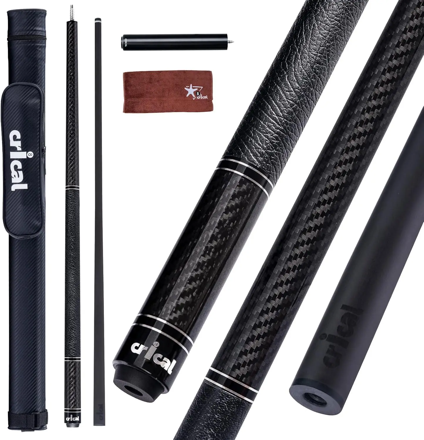 

58" Carbon Fiber Pool Cue, Low Deflection Shaft, 12.5mm Tip, Fixed 19oz, 3/8x8 Joint with Extension
