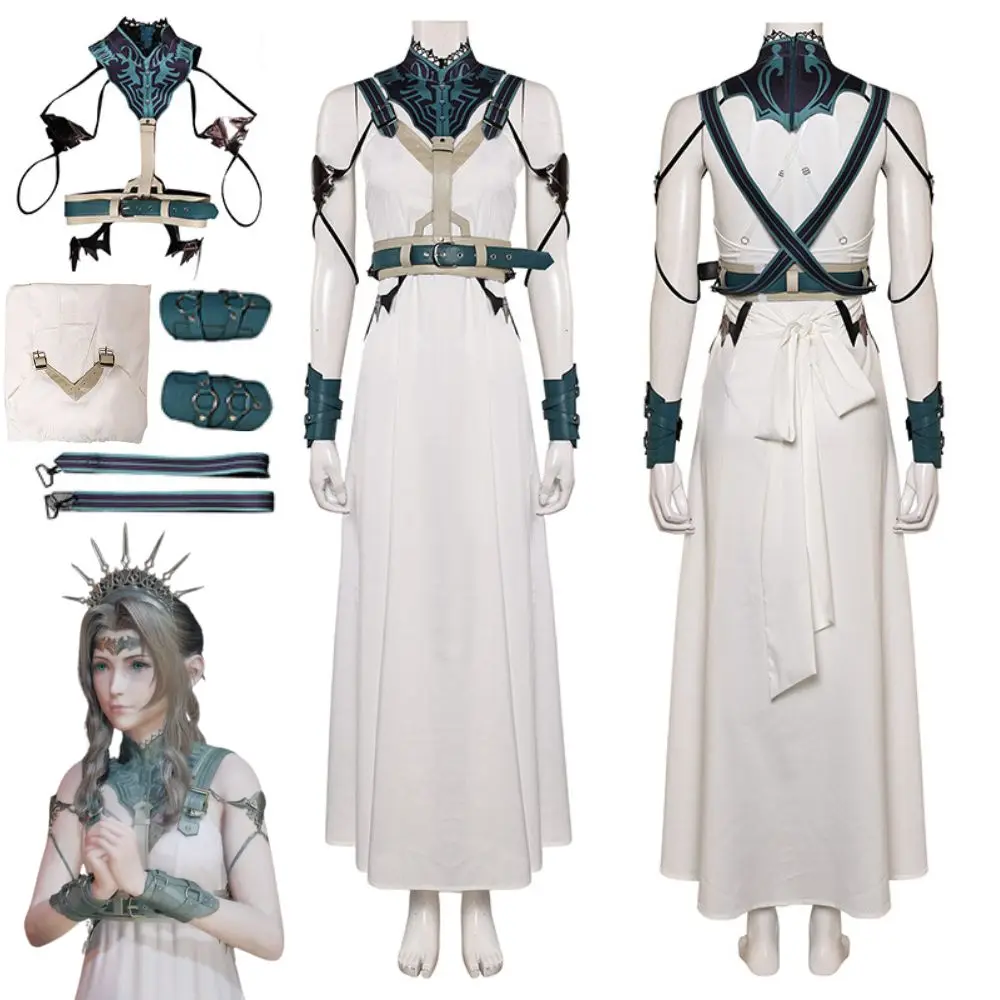 Final Fantasy 7 Aerith Cosplay Kostüm Verkleidung für erwachsene Frauen Kleid Gürtel ff7 Rollenspiel Outfits Halloween Karneval Party Kleidung