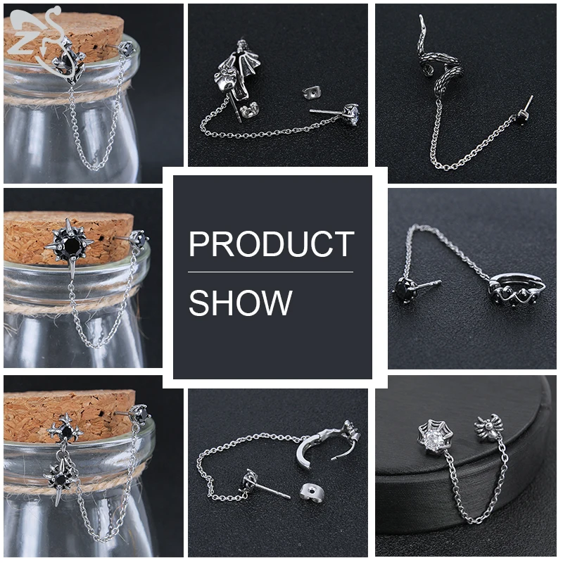 ZS Double Cross Punk Chain Tassel Stud Earrings for Men Gothic Rock Ear Piercing Jewelry Male Biker CZ Zirconia Earrings Jewelry