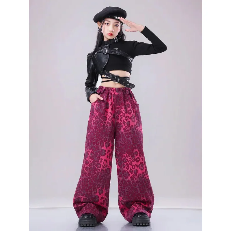 Ropa de actuación de baile de Jazz, trajes umbilicales, ropa de ensayo de pasarela para niñas, conjunto de pantalones cortos con estampado de leopardo rosa de 6 a 16 años