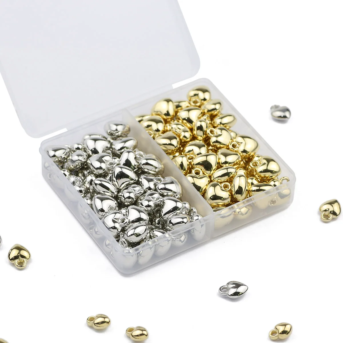 50/100PCS 10MM Heart Pendant Gold/Silver Plated CCB Loose Beads DIY Set Box For Making Bracelet Necklace Jewelry  Accessories