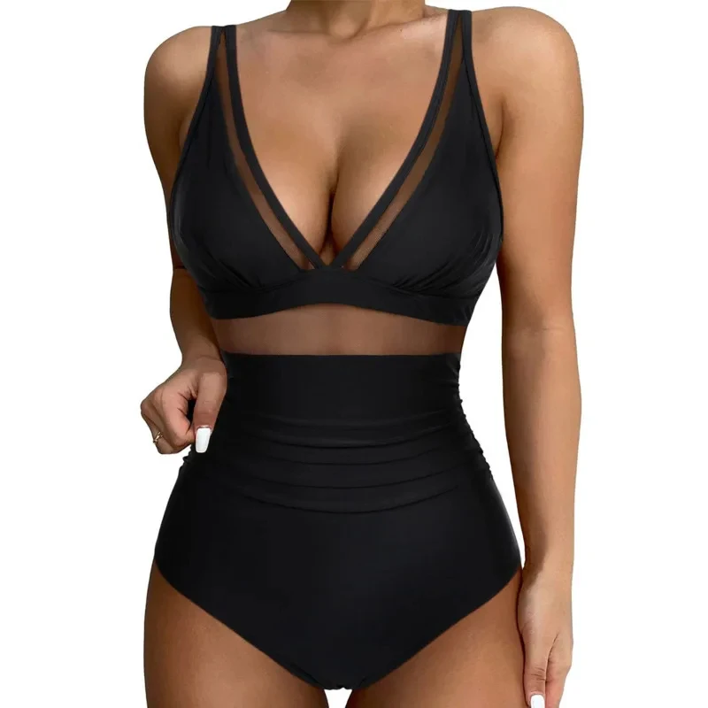 New Sexy Net One Piece Large Size Swimwear Push Up Women Plus Size Swimsuits Closed Bodysuit Female Bathing Suit Pool Beachwear