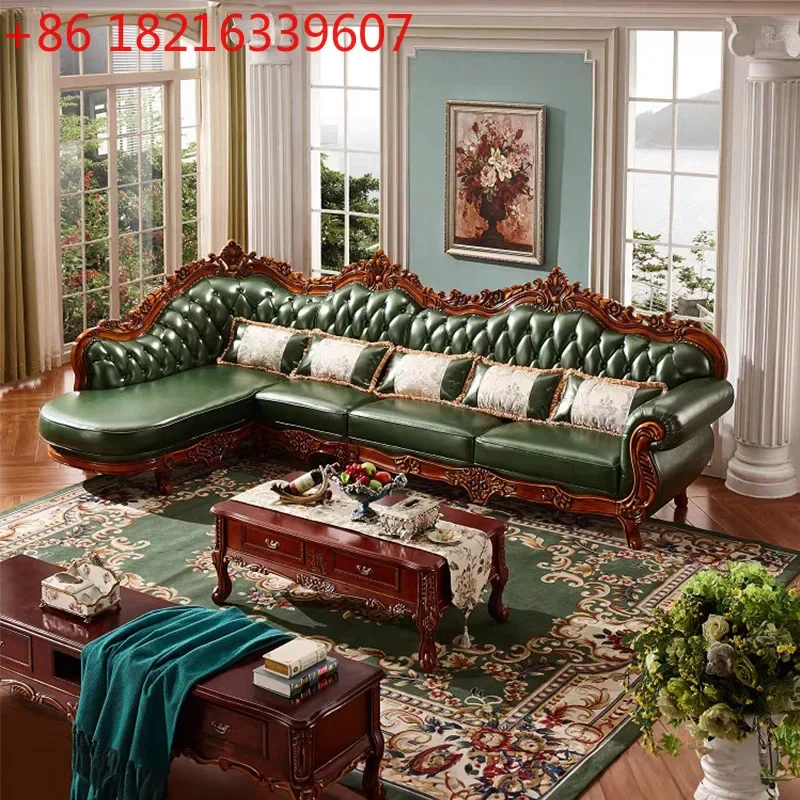 TAO European solid wood luxury L-shaped 7-character corner living room high-end leather sofa American new retro furniture