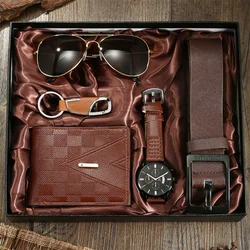 New Mens Watch Set with Gift Box 5 Pieces Key Chain Sunglasses Belt and Wallet Set for Men Gift for Him Boyfriend Dad Husband