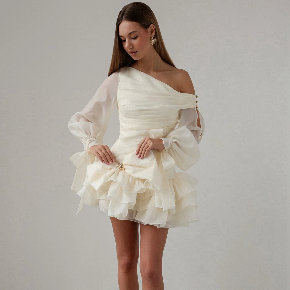 

Asymmetrical One Shoulder Mesh Mini Dress with Puffy Sleeves Pretty Tiered Tulle Ruffle Summer Party Dress Elegant Evening Gown