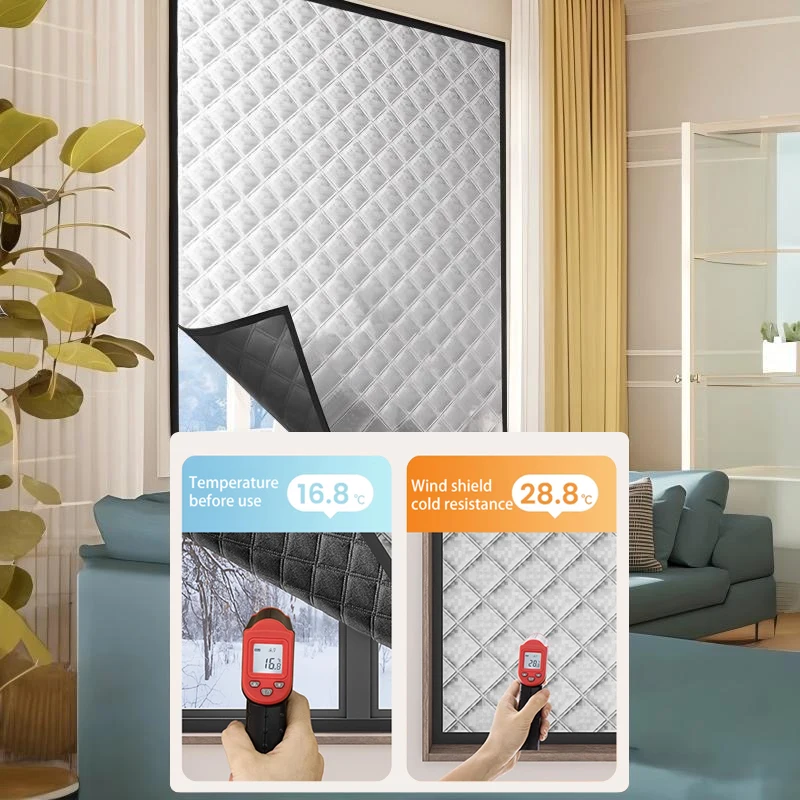 Thermal Window Curtain Kit, Self-Adhesive Quilted Insulated Cover, Easy No-Drill Install, Windproof Blackout Panel for Home Wind