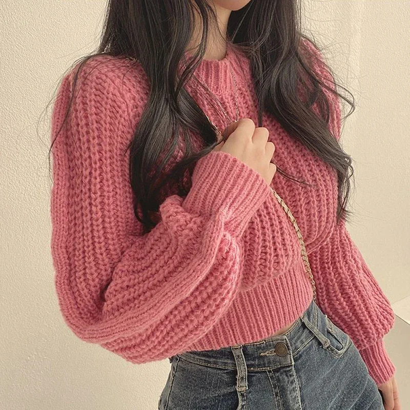 Vintage Harajuku Sweater Women Loose Latern Sleeve Korean Fall Winter Knitted Cropped Tops Soft Warm Chic Solid Jumper Pullover