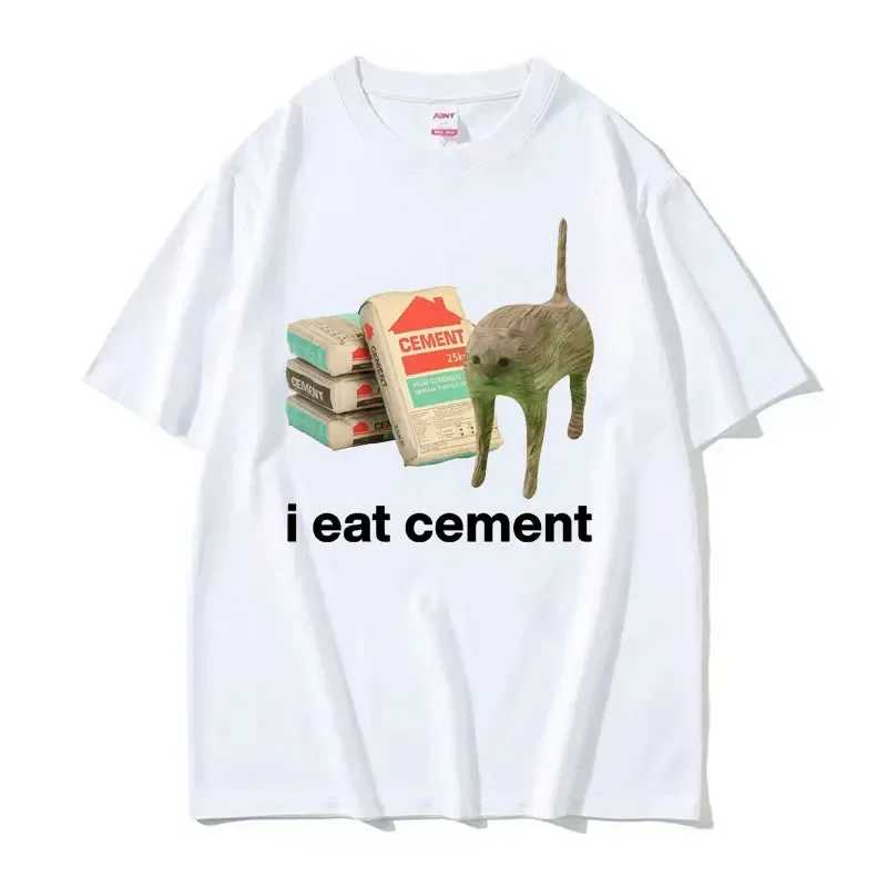 I Eat Cement Cursed Cat Funny Meme T Shirt Women's Fashion Humor Short Sleeve T Shirts Male High Quality Cotton T-shirt Tops