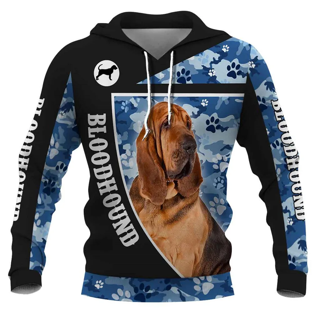 

HX Fashion Animals Hoodies Bloodhound Blue Camo Hoodie Sweatshirts Polyester Printed Pockets Sportswear Streetwear