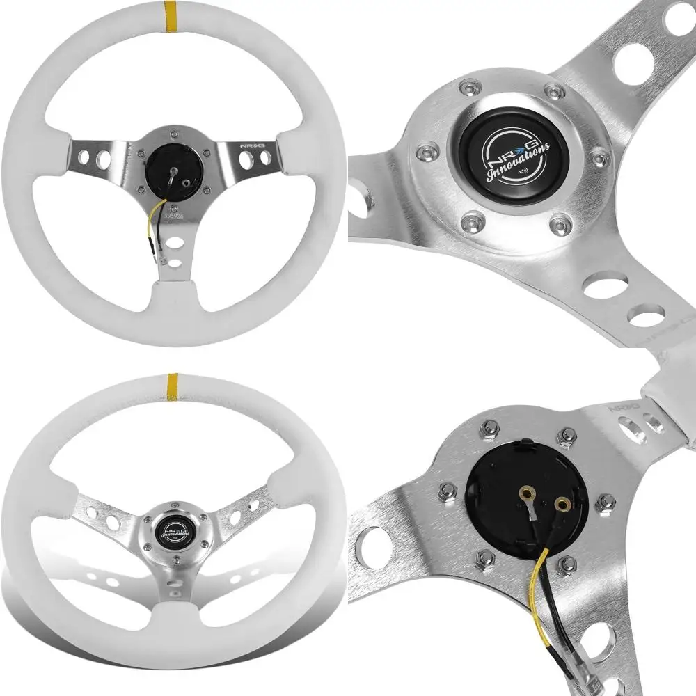 

NRG-RST-006WT-Y Усиленный руль Спортивный руль 350 мм (глибокий 3 дюйма), серебряные спицы с белой кожаной отделкой и белым