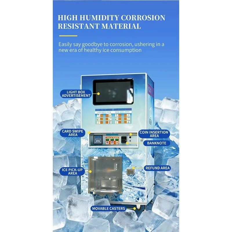 Commercial Ice Maker Vending for Cafe, Cube Ice Auto Bagging RO Purifier Outdoor 24/7 Machine
