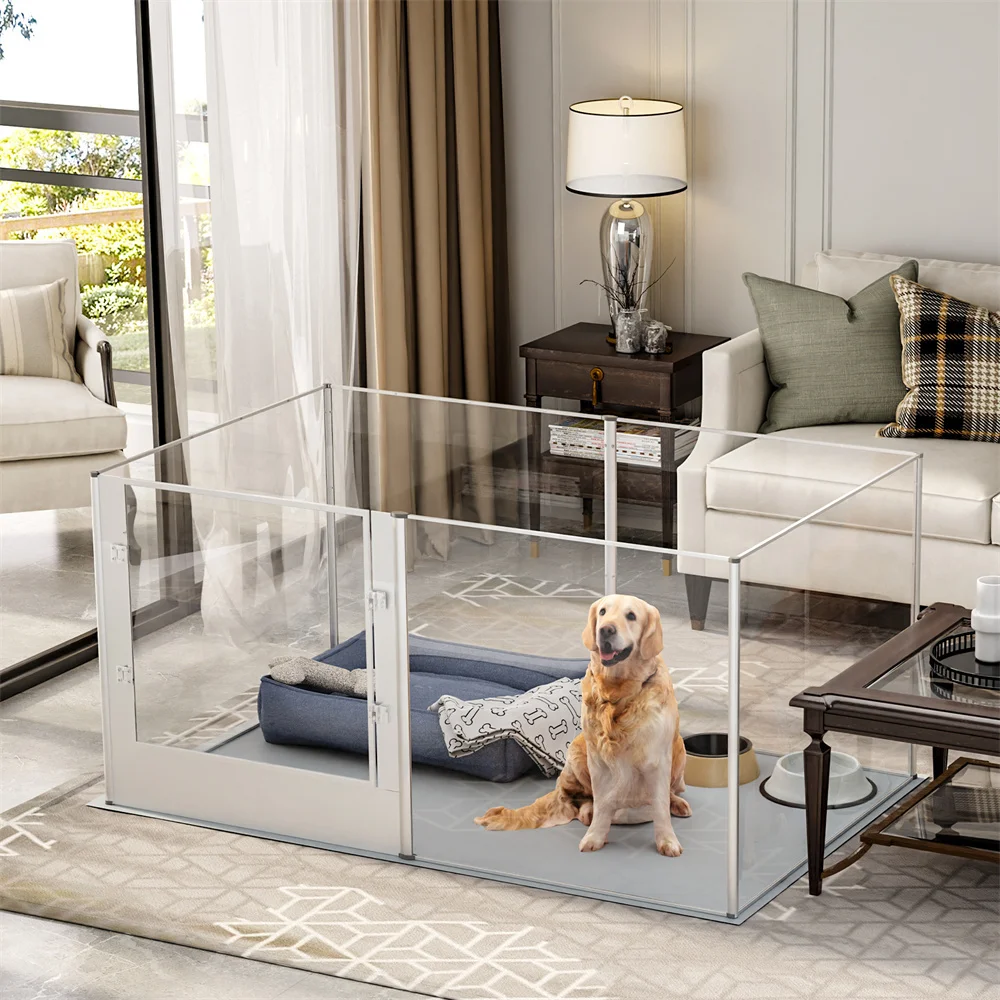 Heavy Duty Large Acrylic Dog Playpen Transparent Dog Fence Enclosure Cage Pet Whelping Box with Waterproof Fertility Pad Door