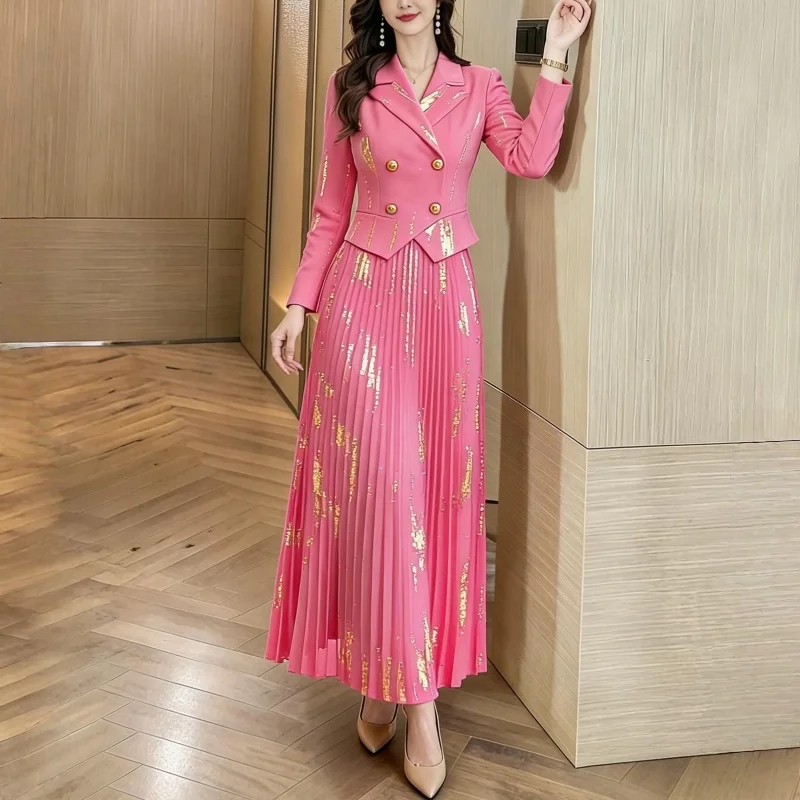 

Autumn Fashion New Style Plum Blossom Print Suit Collar Pleated Skirt Splicing Fake Two-Piece Dress Elegant Slim Fit High Waist