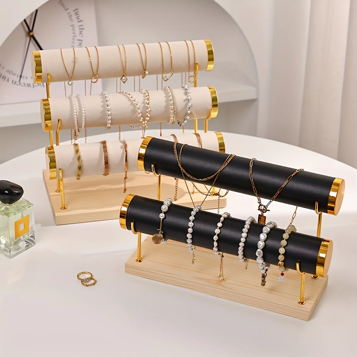 Gold Rim Velvet Bracelet Display Stand, Multi-Tier Wooden Base Jewelry Holder for Bangles Necklaces - view 3