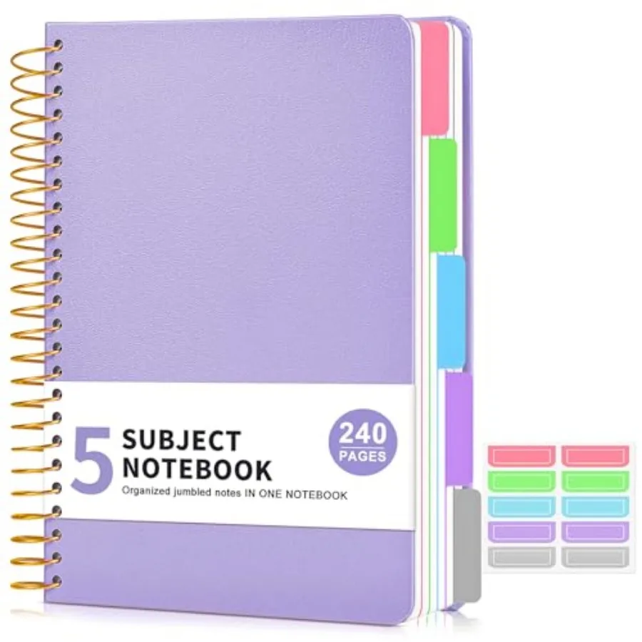 

5 Subject Notebook College Ruled, Hardcover Spiral Notebook with Removable Pocket Dividers Tabs, 240 Pages Lined Spiral Journal