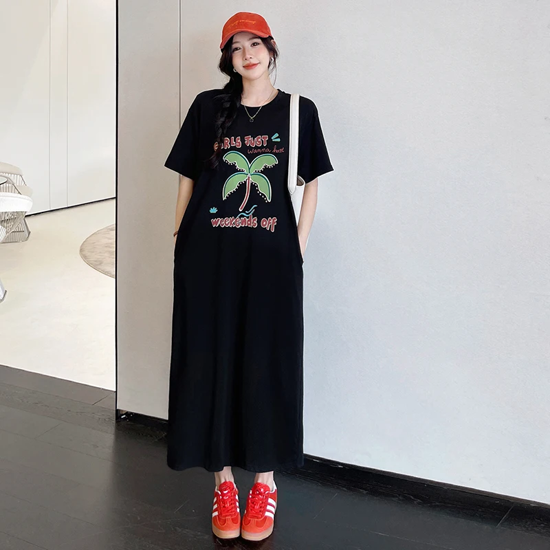 ใหม่ 2025 ฤดูร้อนชุดสตรีหลวมพลัสขนาด Preppy สไตล์ Lady Vestidos พิมพ์เย็บปักถักร้อยแขนสั้นหญิงเสื้อยืดชุด