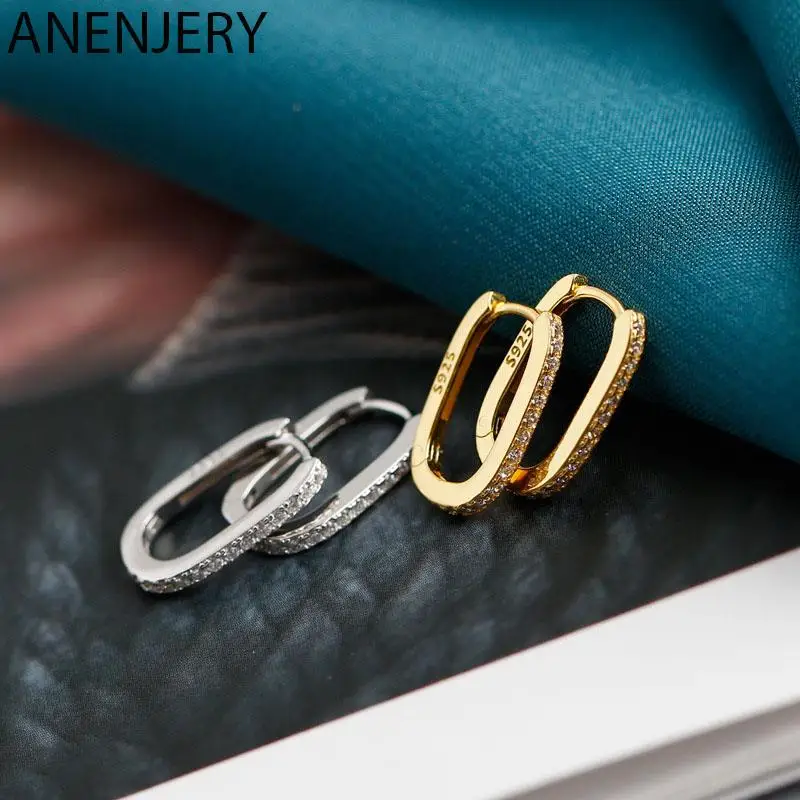 ANENJERY Zircon U Shape Geometric Hoop Earrings For Men Women Simple French Golden Silver Color Huggies