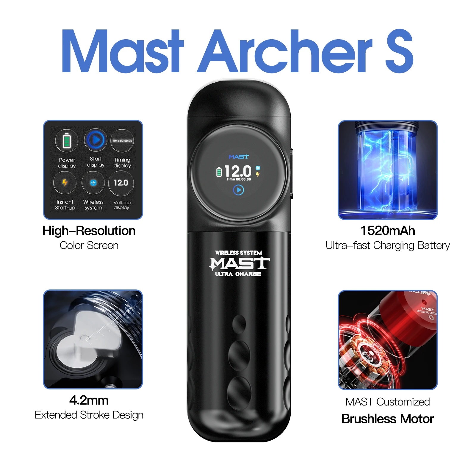 

Mast Archer S Бесщеточная тату-машинка-ручка 4,2 мм ход аккумулятор 1520 мА·ч сверхбыстрая зарядка двигатель для профессионального мастера татуировки