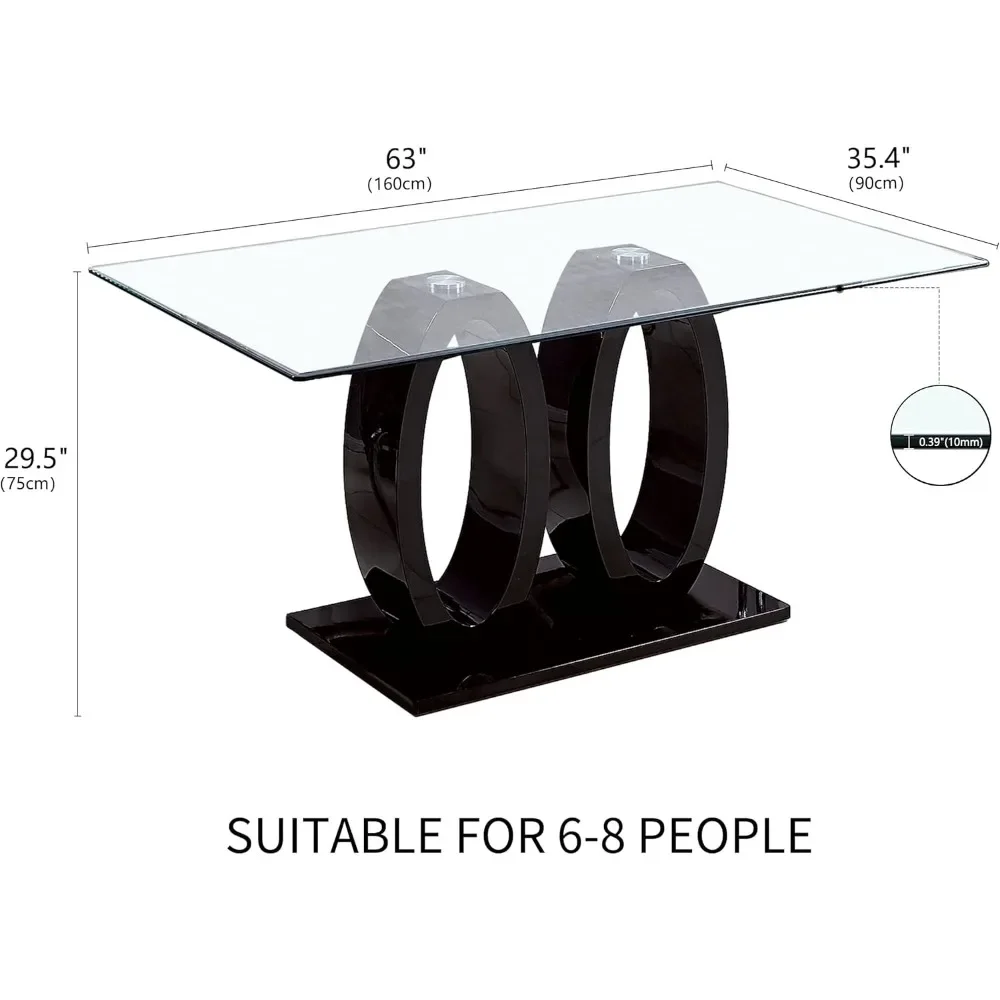 Tempered Glass Dining Table with Double Pedestal,High Gloss Finish,Dual O-Shaped Base board Contemporary Rectangular Table