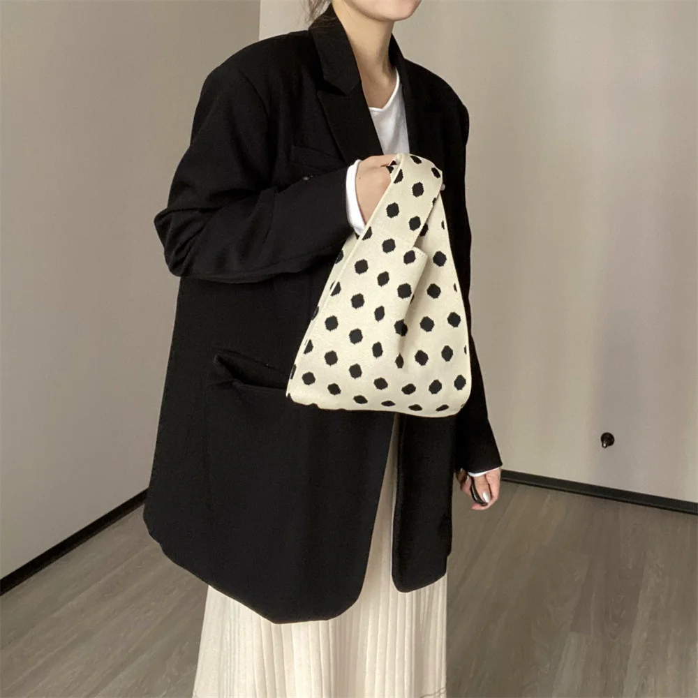 Fashion Polka Dot And Stripe Knitted Handbag Korean Style Trendy Versatile Tote Bag Women Shoulder Bags Small Shopper Handbag