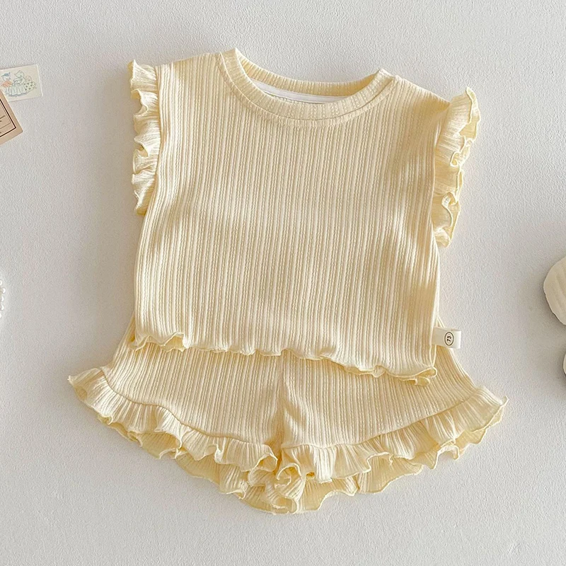 2026 New Summer 0-5Yrs Children Clothes Suit Sleeveless Cotton Solid Color Vest+Shorts Infant Baby Girls Clothing Set