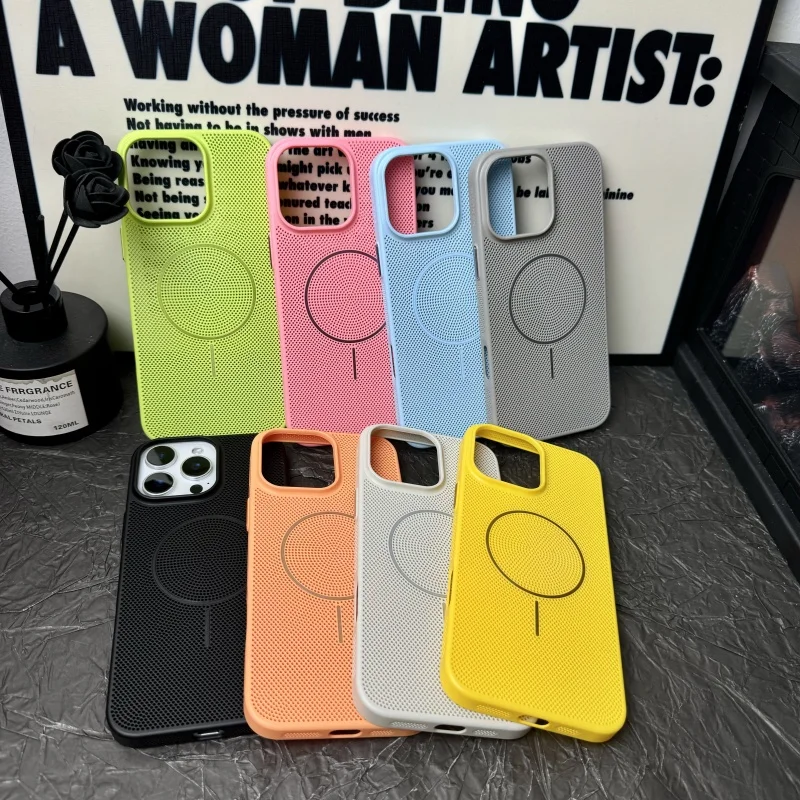 Luxus Kühlung Wärmeableitung Magnetische Für Magsafe Fall Für iPhone 17 16 14 15 13 12 Pro Max Plus Atmungsaktive Grid Hard Cover