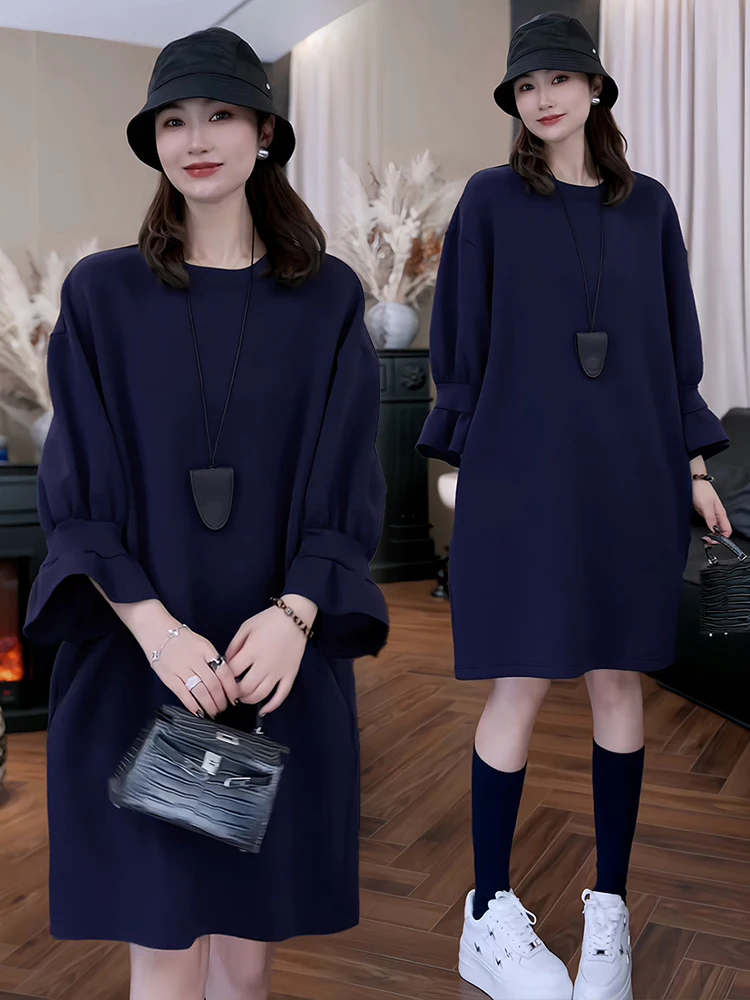 

Fall 2026 Simple Sle Long Sve Dr Women's High-End Pure Color Versatile Skirt Trendy A-Line Dr Breathable Cotton