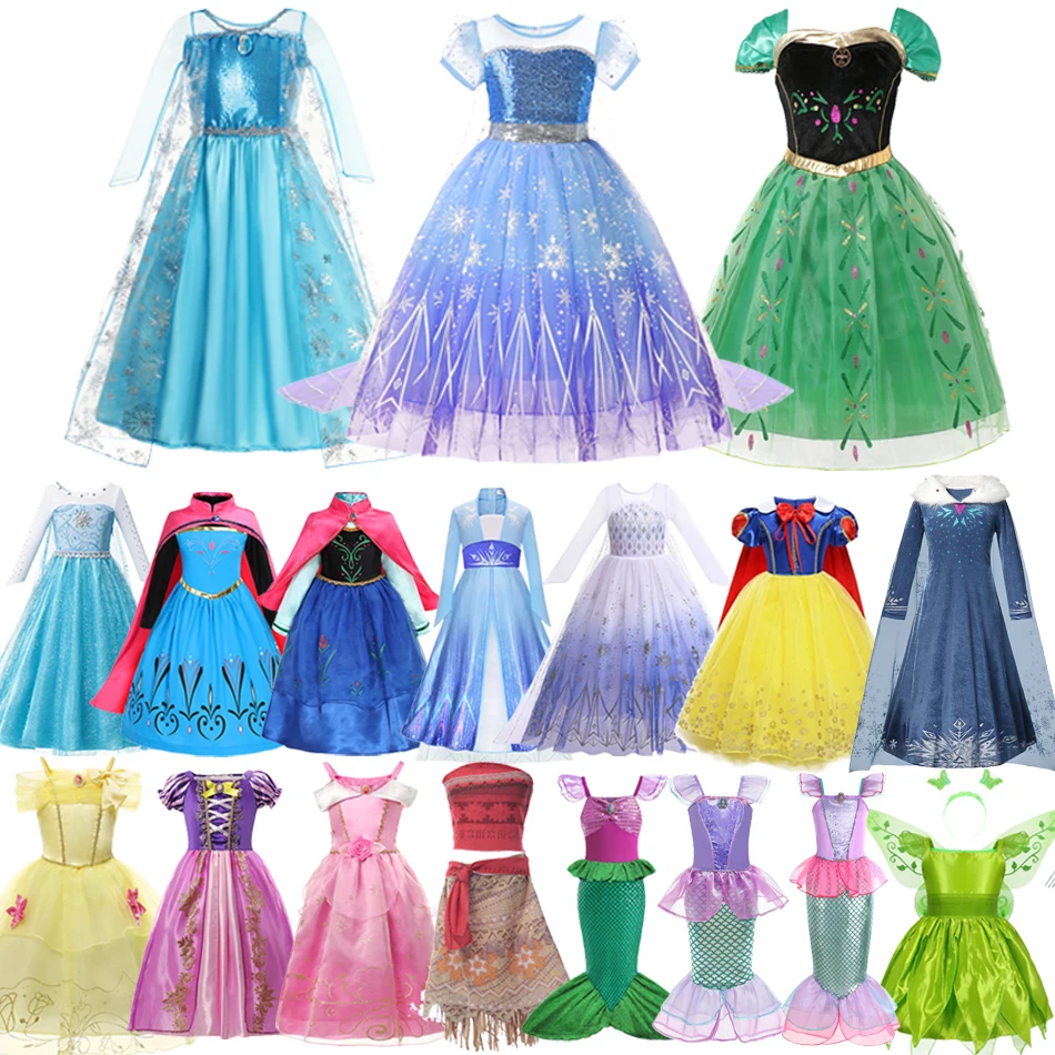 Disfraz de Princesa para Niñas 2026, Vestido de Elsa y Anna, Carnaval, Cosplay, Blancanieves, Aurora, Moana, Rapunzel, Sirenita, Bella, Trajes de Fiesta