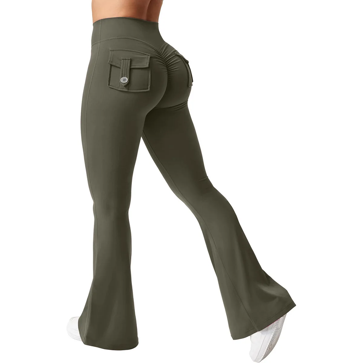 Women High Waist Bell Bottom Yoga Pants Back Pocket Ruched Butt Lifting Stretchy Slim Fit Workout Leggings Daily Wear Trousers
