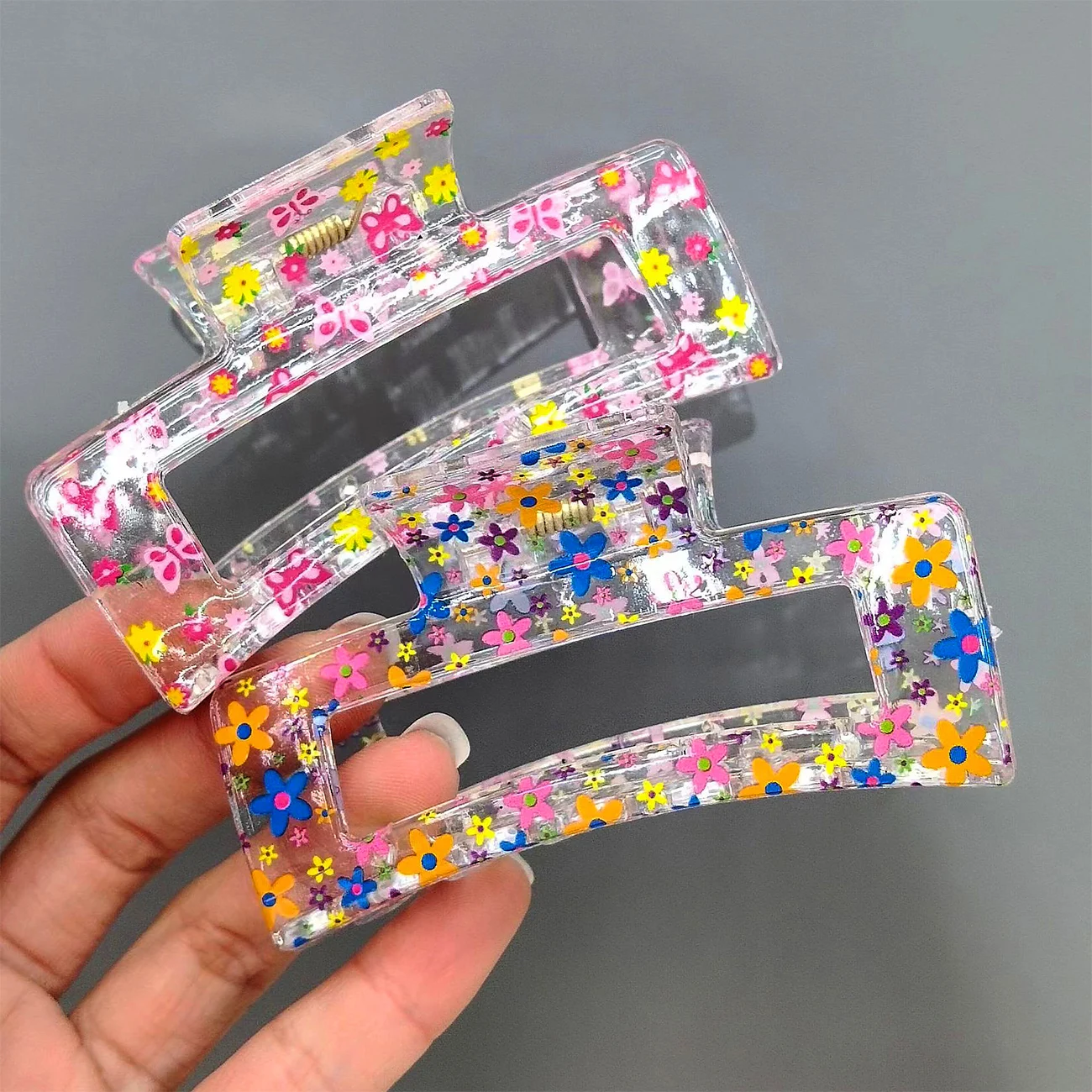 

Women Transparent Print Flower Hair Claw Tough Colorful Plastic Hair Clip Large Size Hair Clamps Crab Hairpin Hair Accessories