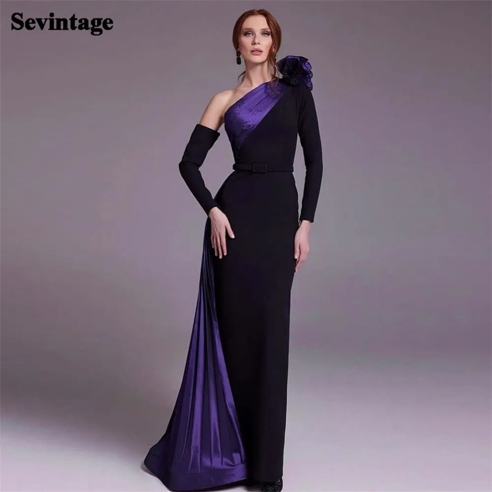 

Sevintage Black Purple Mermaid Satin Prom Dress One Shoulder With Sweep Train Floor Length Sheath Evening Dress vestido de gala