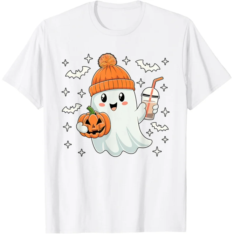 Halloween Fashion Cute Ghost Drinking Coffee Pattern Printed T-shirt