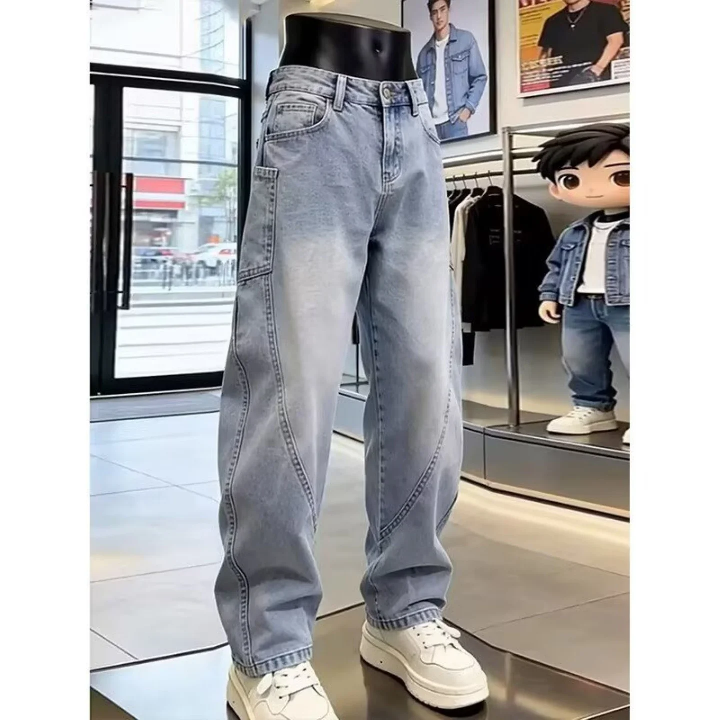 Blue Jeans Men's Loose Straight Casual Workwear Trousers Knife  Slant Cut Vintage Splicing Pocket Decorative Stitching