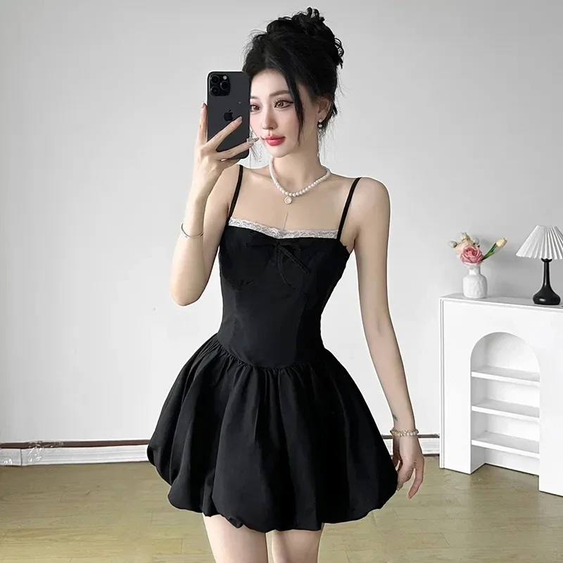 Dulce encaje Patchwork negro Camis vestido mujer verano francés elegante arco decorar Mini vestido ajustado Y2k moda todo fósforo vestido tutú