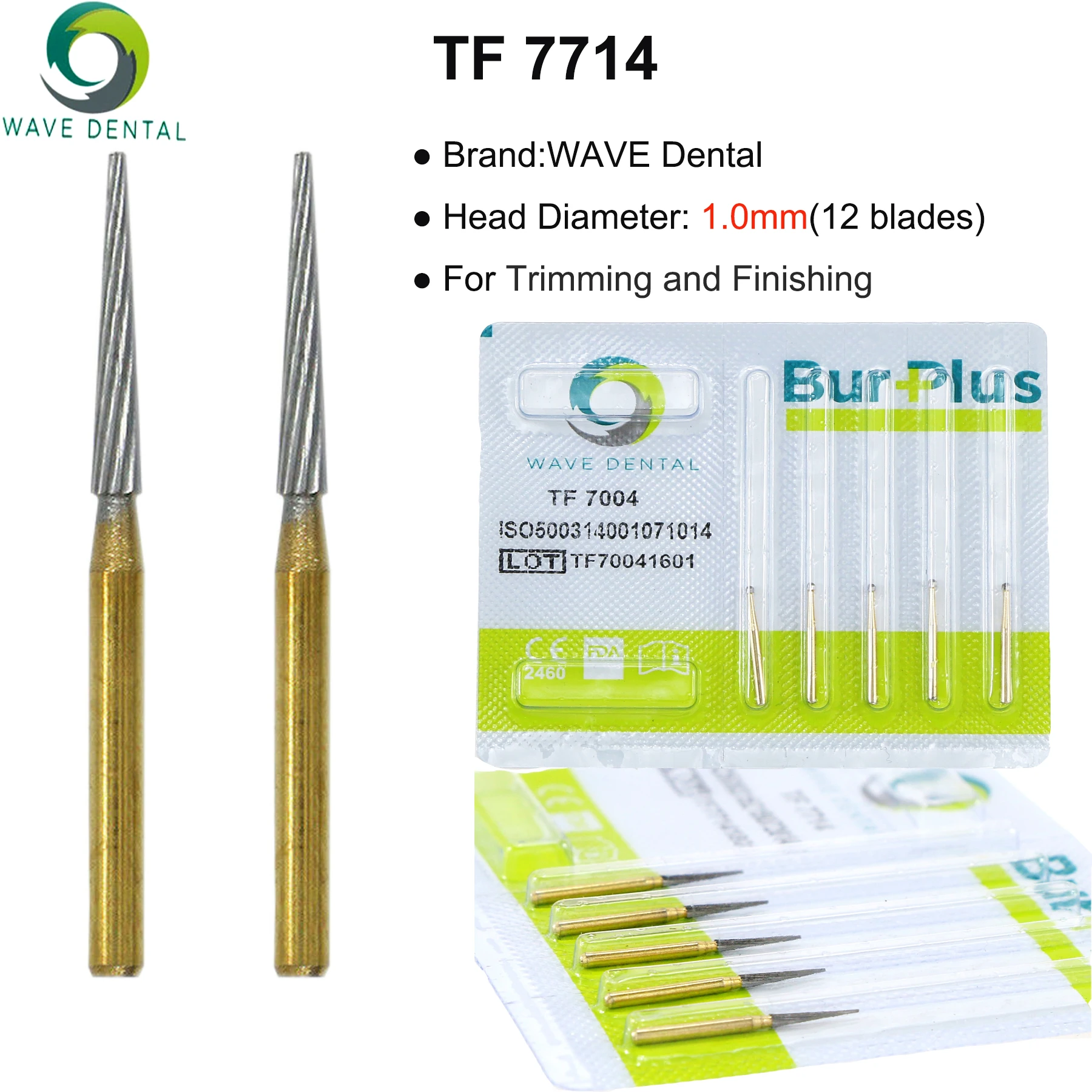 WAVE Dental Burs Tungsten Carbide Burs Gold Plated Trimming and Finishing 12 Bladed T Series For High Speed Handpiece 5pcs/Pack