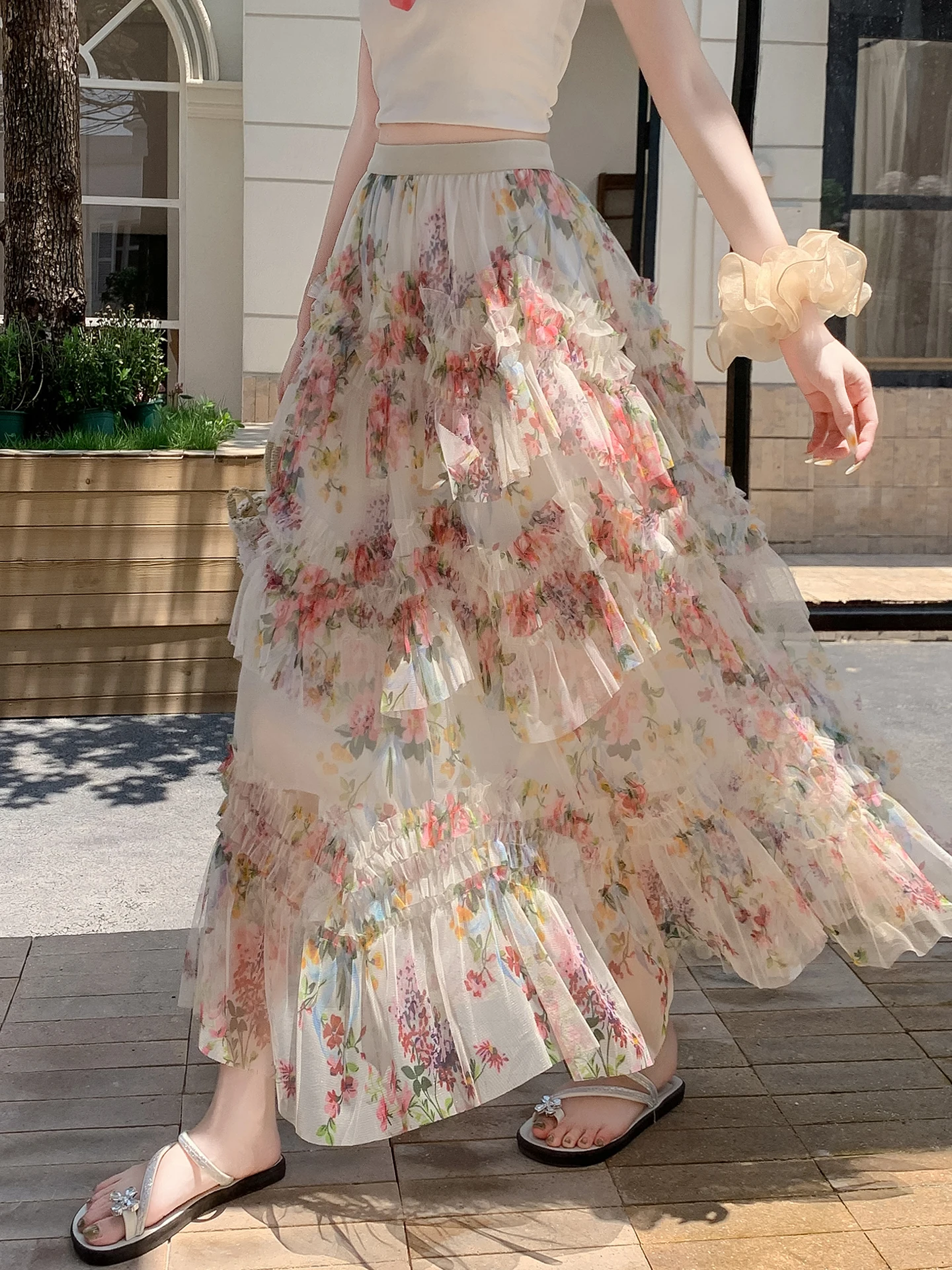 

Ele Fairy Mid-Length Skirt with Heavy Embelliment Floral Print Tulle Cake Skirt f-length Women's New Sle Puffy Lon...