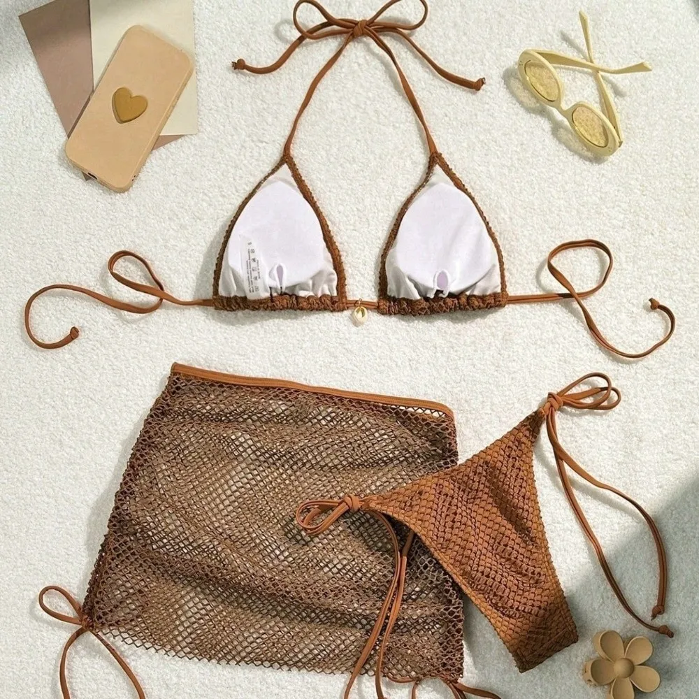 Fashion Mesh 3 in 1 Swimwear Set Lace Up Slim Fit Bikini Bathing Suit Beachwear Clothing Deep-V Sleeveless Swimsuit Ladies