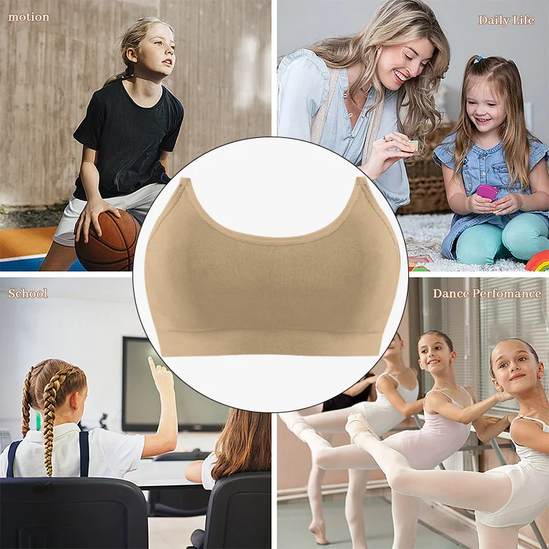 Бюстгальтер для балета и танцев для девочек. Бесшовный бюстгальтер телесного цвета для девочек с двумя регулируемыми сменными прозрачными бретелями и силиконовыми подушечками. Танцевальные бюстгальтеры.