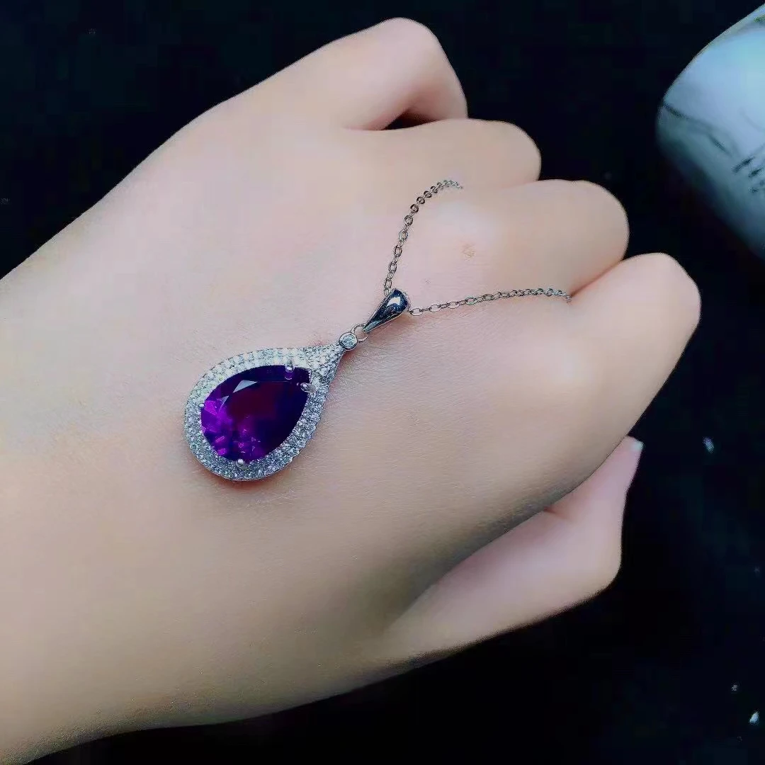 

Classic Silver Water Drop Pendant 10*14mm Natural Amethyst Pendant for Party Solid 925 Silver Amethyst Jewelry Gift for Wife