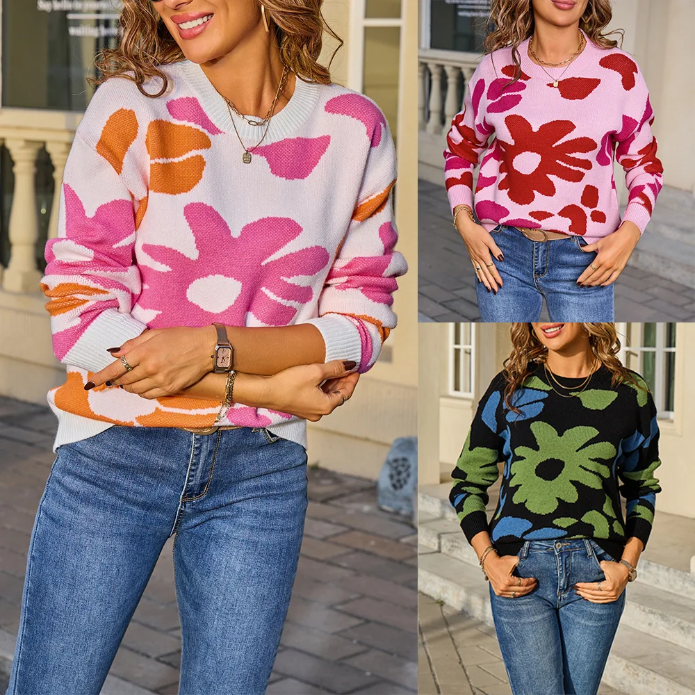 

Women Pullovers Sweaters Round Neck Full Sleeve Jumpers Y2k Streetwear Knitted Elegant Splice Knit Work Tops Autumn Winter