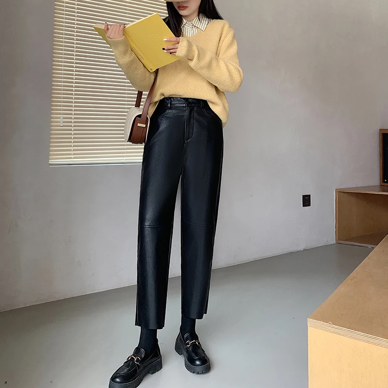 Autumn Winter Women\'s Leather Trousers High Waist Loose black Brown Straight Leg Pants Classic pu Faux Leather Pants for Women