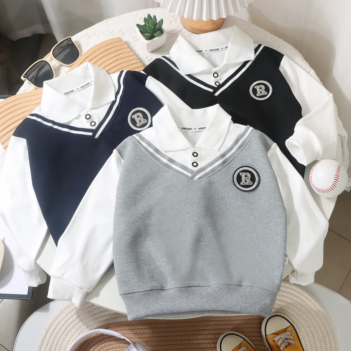 Spring Kids Preppy Style Clothes Fake Two-Piece Hoodie Polo Collar Sweatshirt 1-7Y Children School Uniform Top