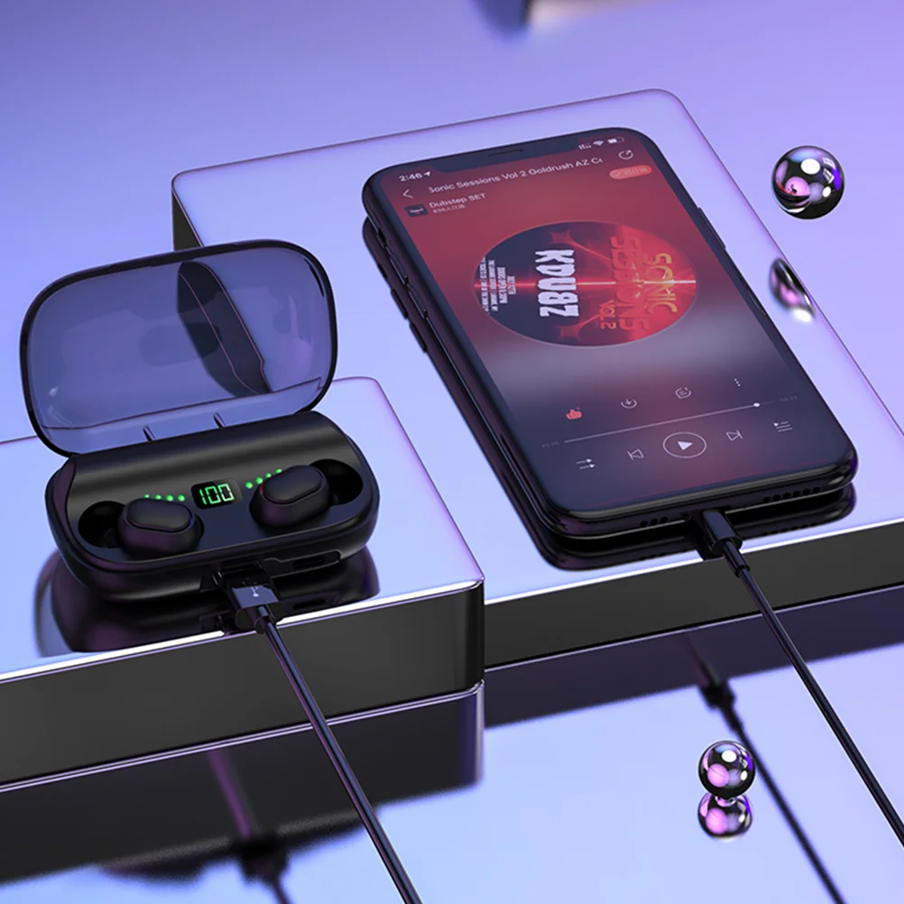 

Earphones Wireless Earbuds Noise Cancelling Stereo Sound Mini In-Ear Headset With Charging Case Black