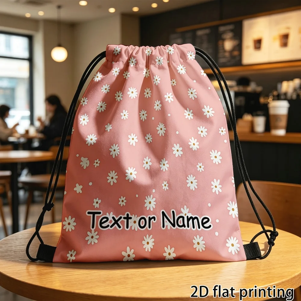 1Pc Pink Floral-themed Custom Name/Text Personalized Drawstring Backpack -Lightweight Travel Sports Bags Gym Sack Storage Bag