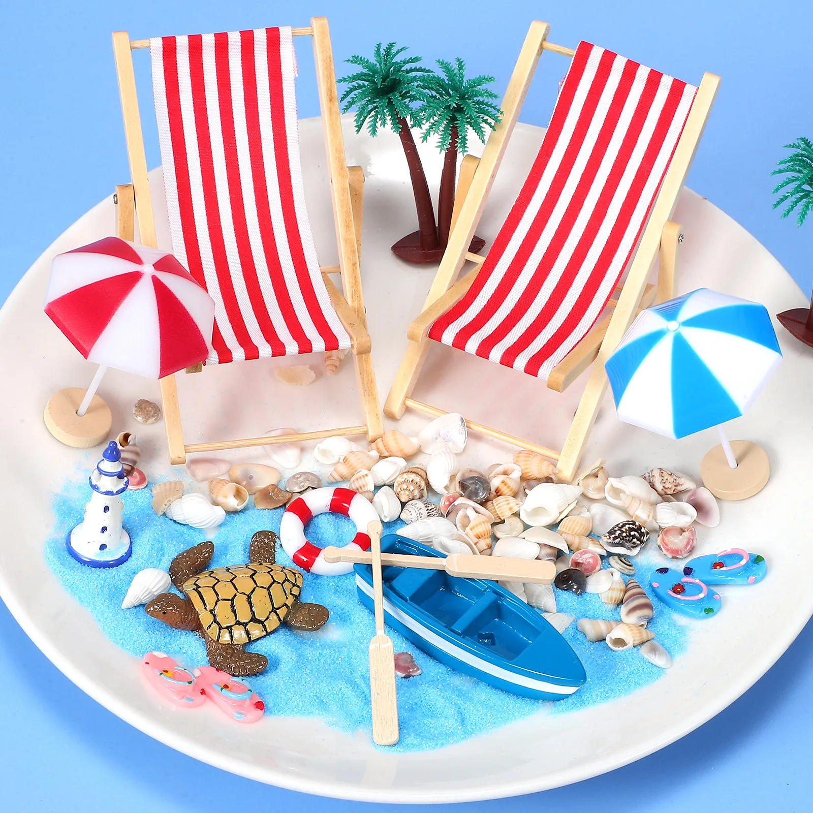 1Set Mini Beach Decoration Durable Plastic Sand Trees Seashell Recliners Micro Beach Style Ornament Summer Scene