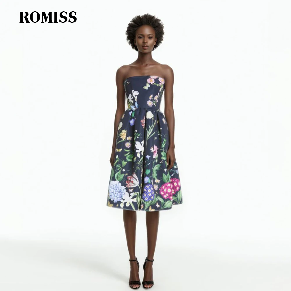 ROMISS Hit Color Floral Printing Dress For Women Strapless Sleeveless High Waist Backless Temperament Mini Dresses Female New