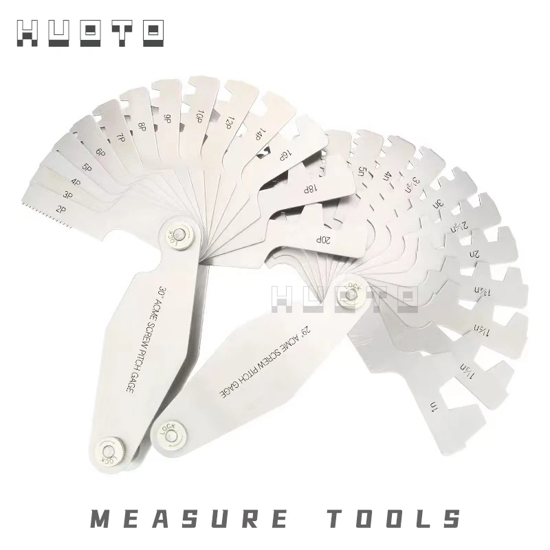 HUOTO 29 Degree/30 Degree T Thread Gear Tooth Gauge Metric Whitworth Thread Pitch Gauge Foldable Thread Gauge Measuring Tools