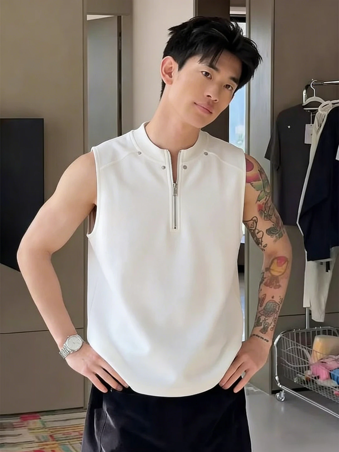 Camiseta deportiva sin mangas para hombre con cremallera media, transpirable, ajuste slim, con hombreras, estilo casual de alta gama